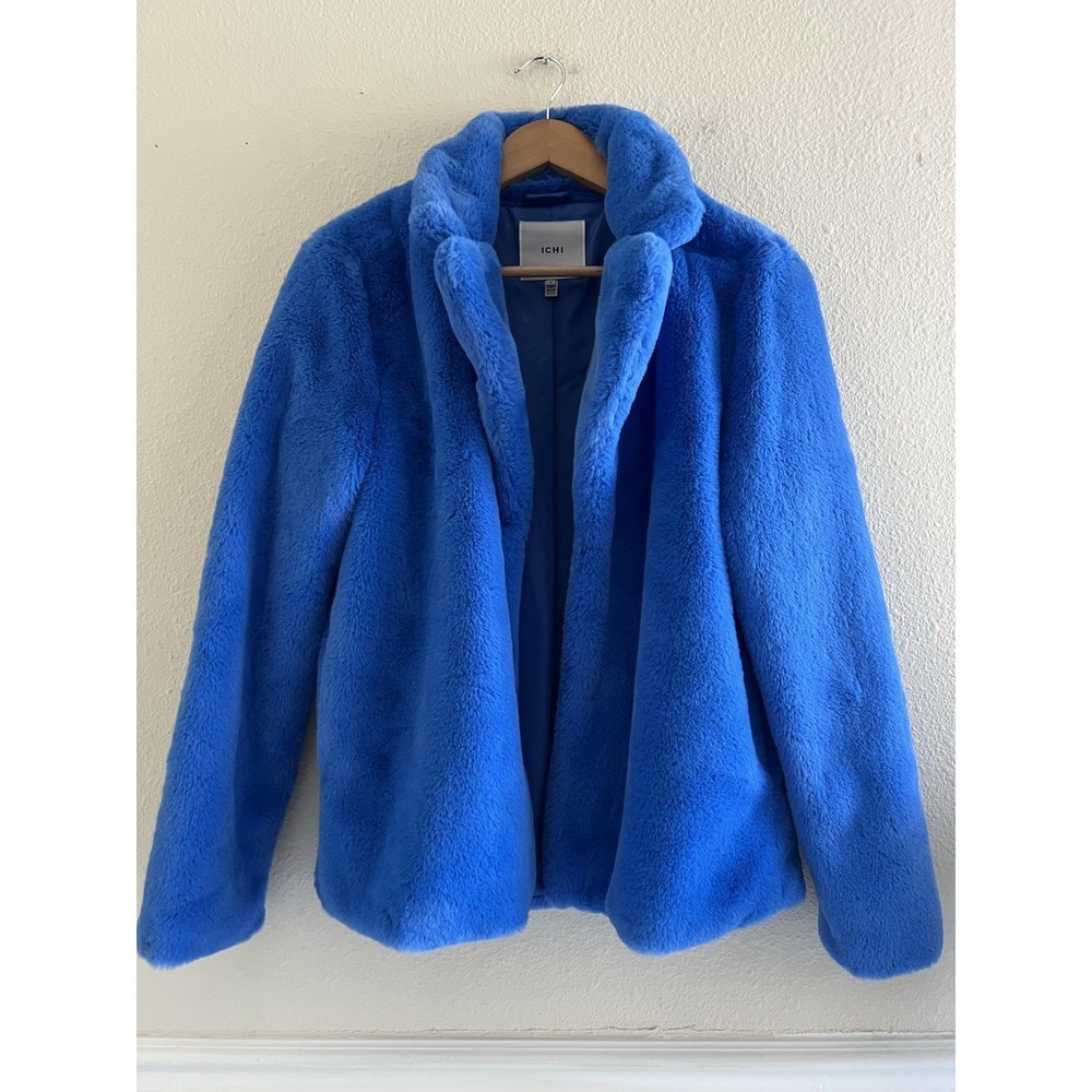 ICHI Blue Faux Fur Teddy Jacket Womens 38/M US Plush Soft Open Front Coat Cozy